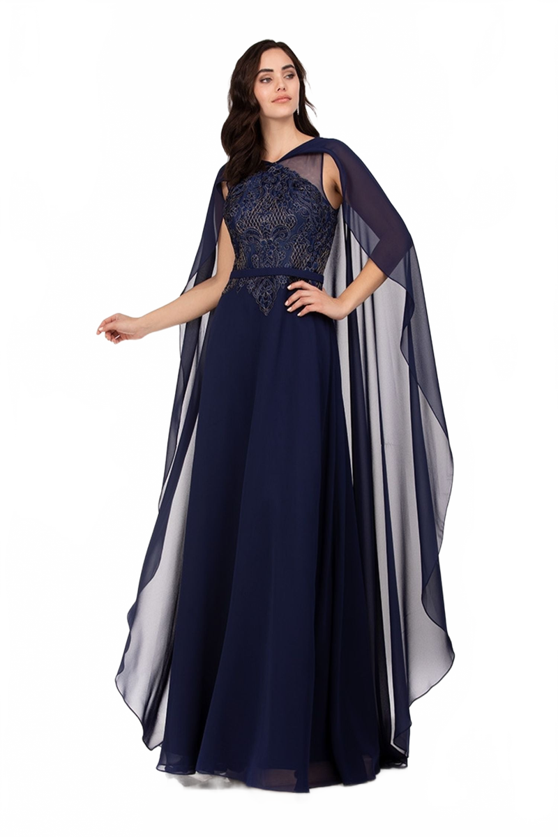 Abby Paris 96067 Lace Cape Gown with Flowing A-line Skirt