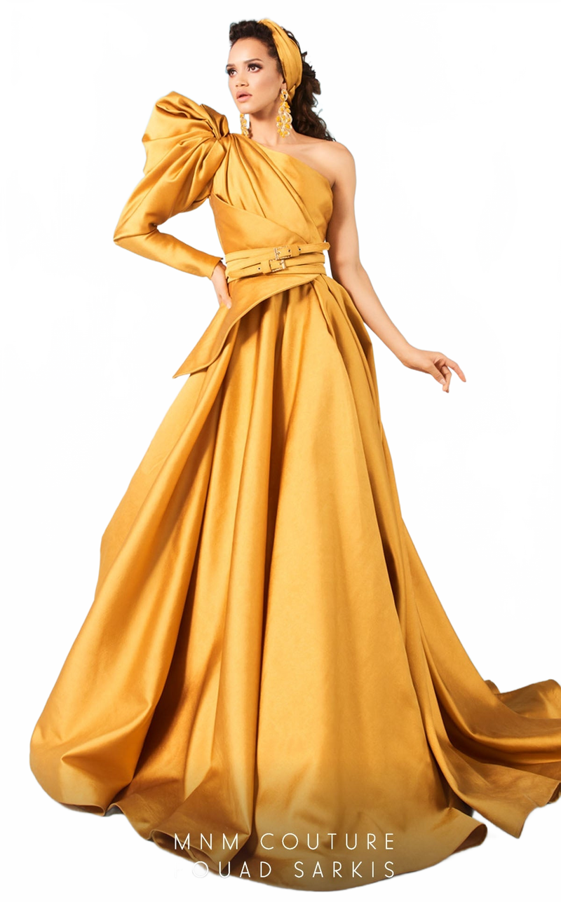 Fouad Sarkis 2636 One-Shoulder Puff Sleeve Ball Gown in Mustard