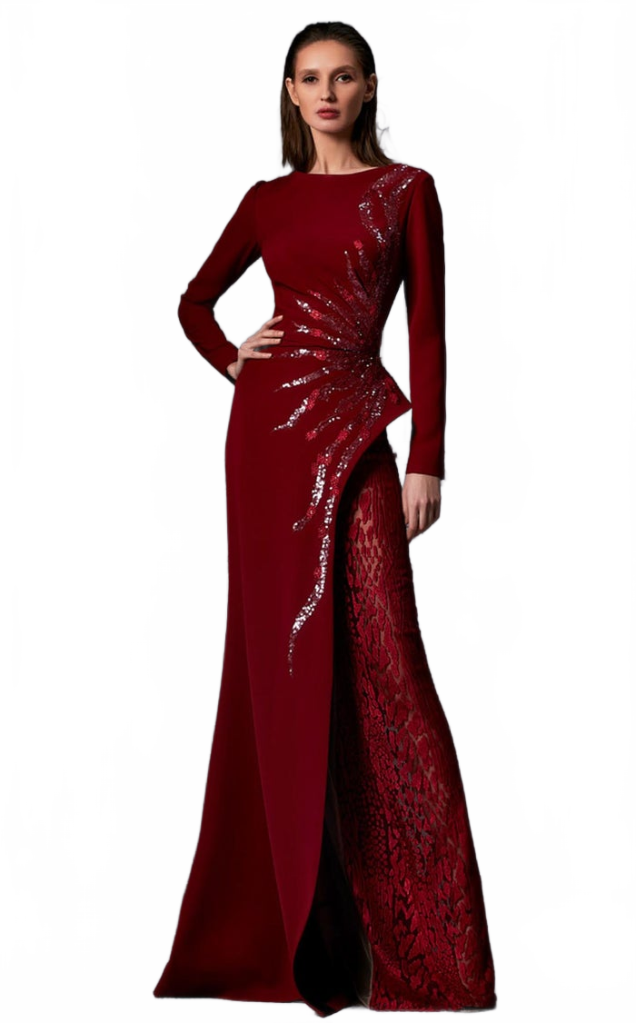 MNM Couture K3850 Burgundy High Neck Column Gown
