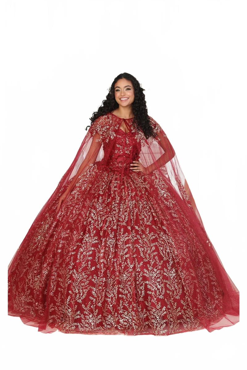 Layla K LK204 Detachable Cape Glitter 3D Floral Applique Quince Gown