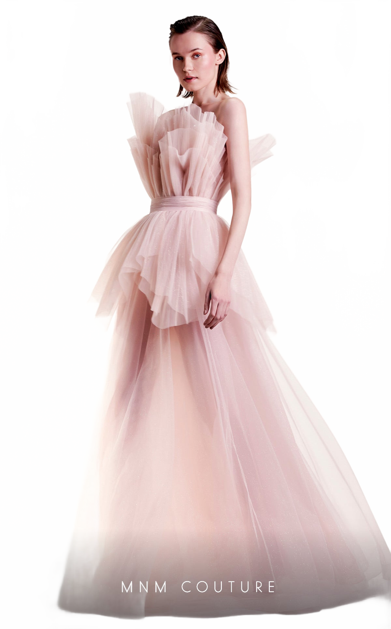 Gaby Charbachy G1435 Strapless Layered Tulle Couture Evening Gown in Pink