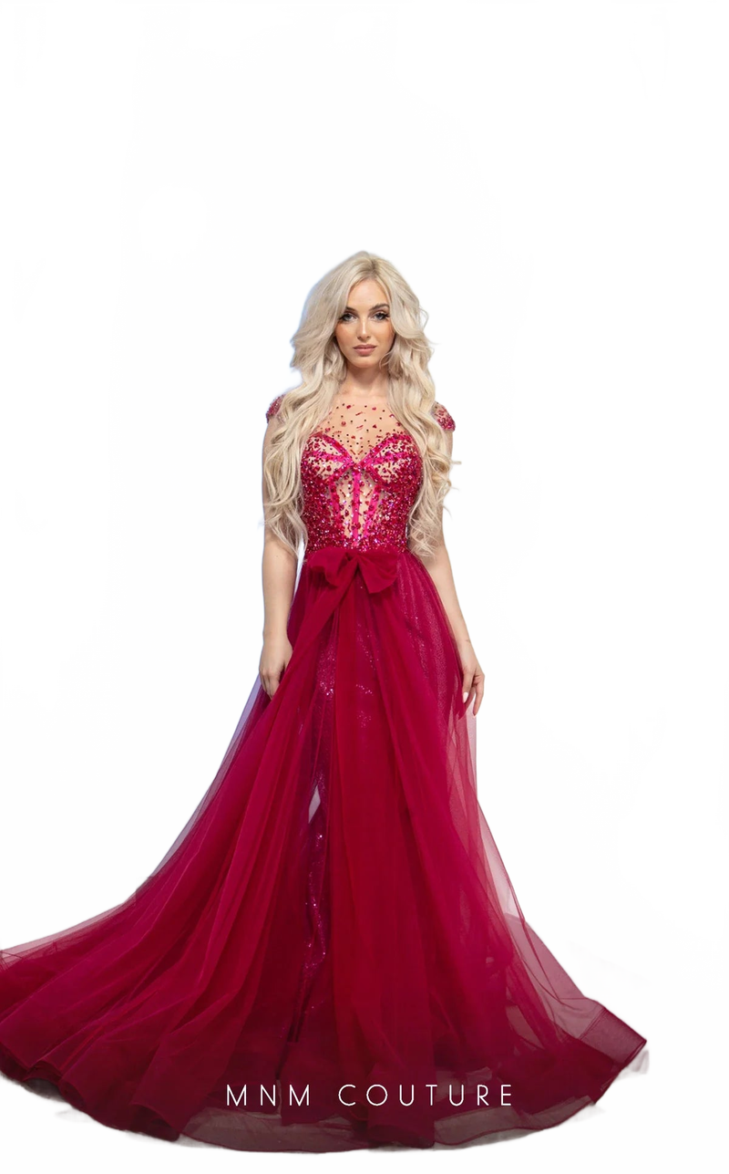 MNM Couture M0083 Burgundy Beaded Corset Mermaid Gown
