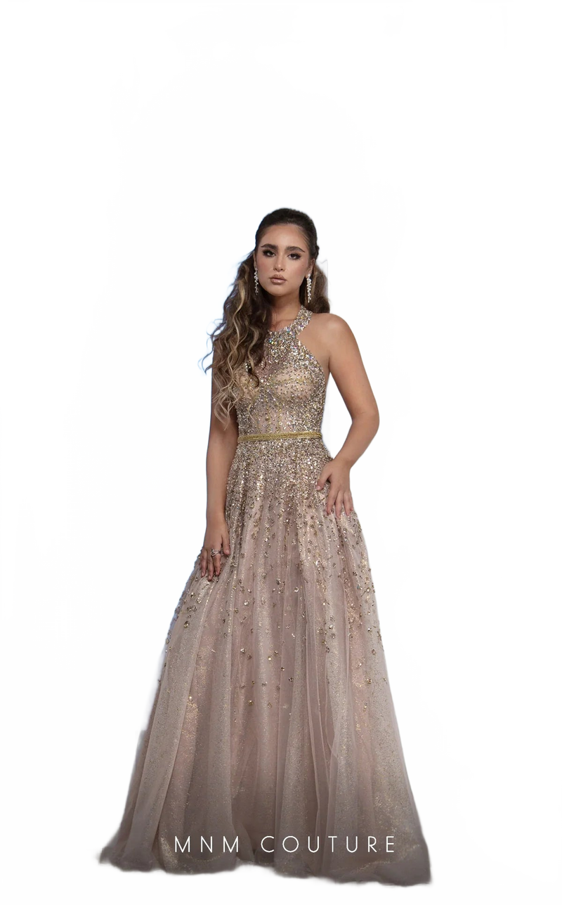 MNM Couture M0086 Gold High-Neck Embroidered Tulle Gown