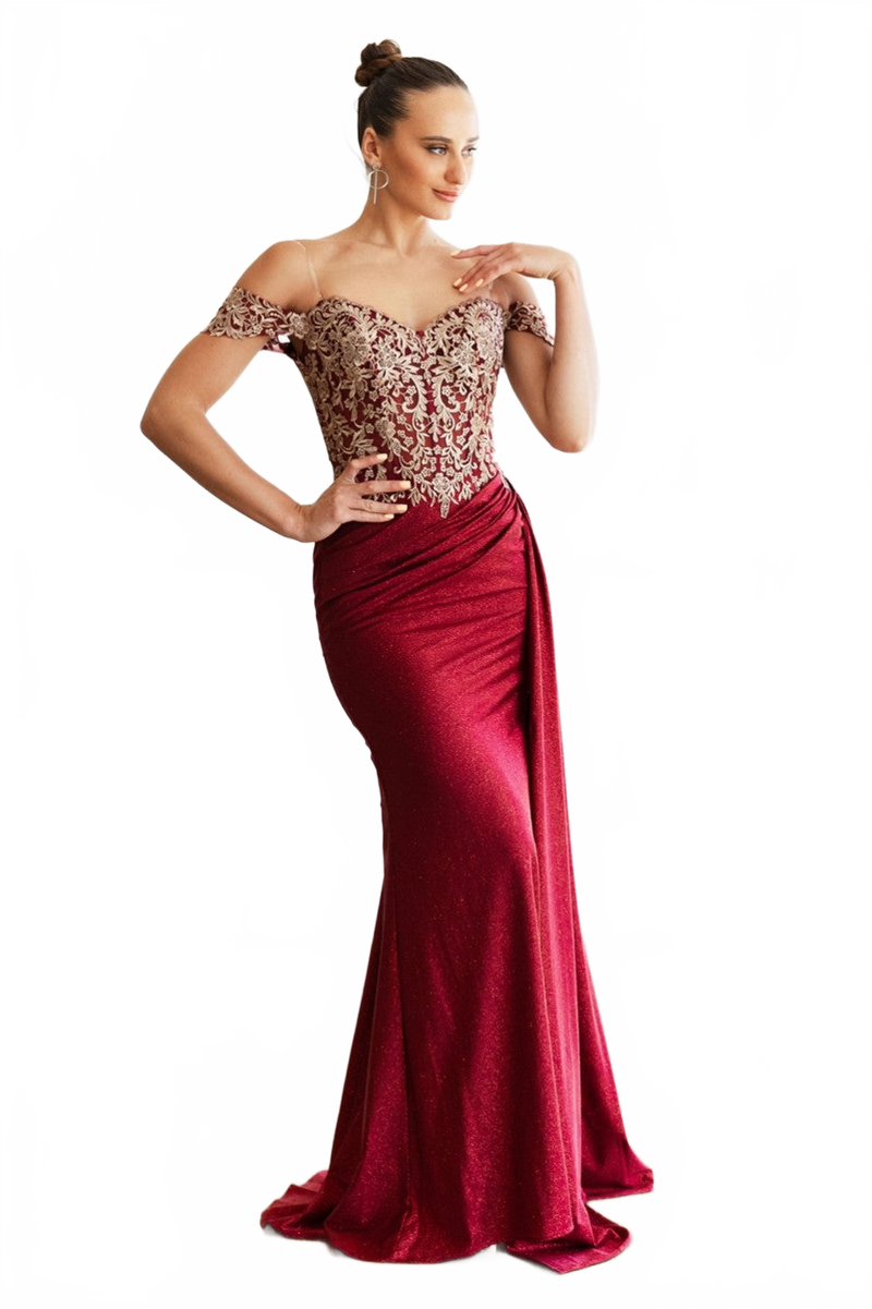 High Couture MJ1021 Glitter Long Formal Lace Applique Prom Dress