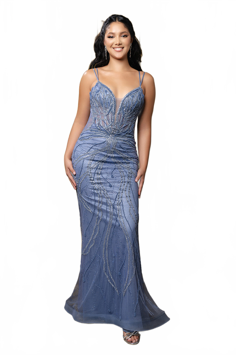 Beaded Mesh Mermaid Prom Dress with Double Spaghetti Straps & Lace-Up Back by Royal Queen RQ8222