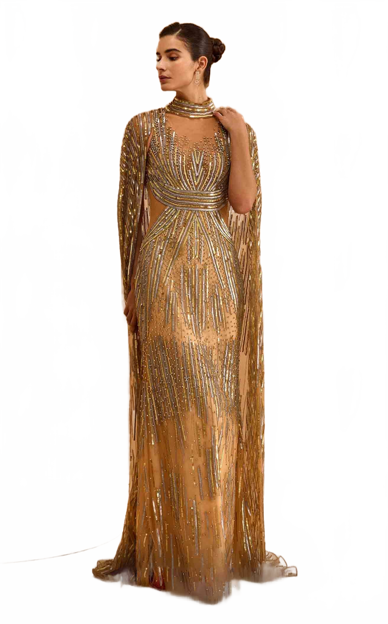 MNM Couture M1145 Embellished Sheer Cape Sleeve Gown – Black