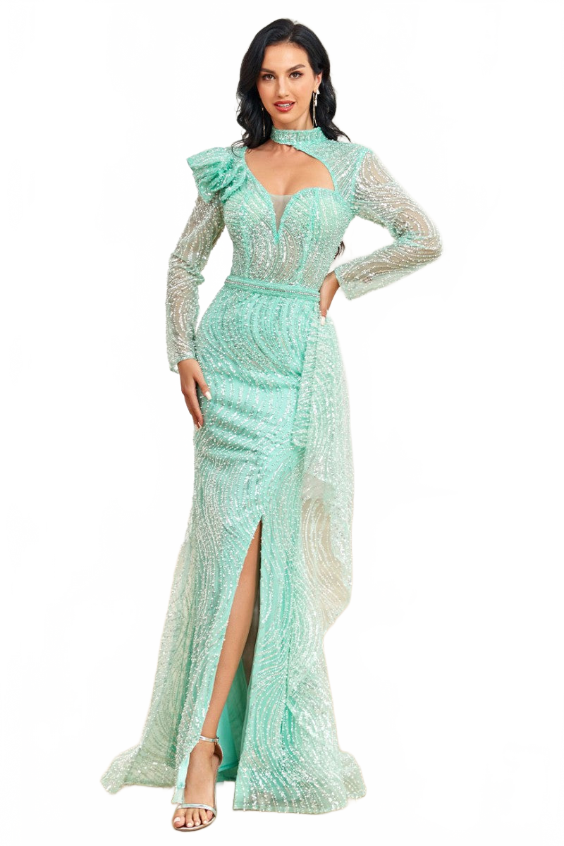 High Couture NR2284 Fitted Long Ruffle Sequin Formal Evening Dress