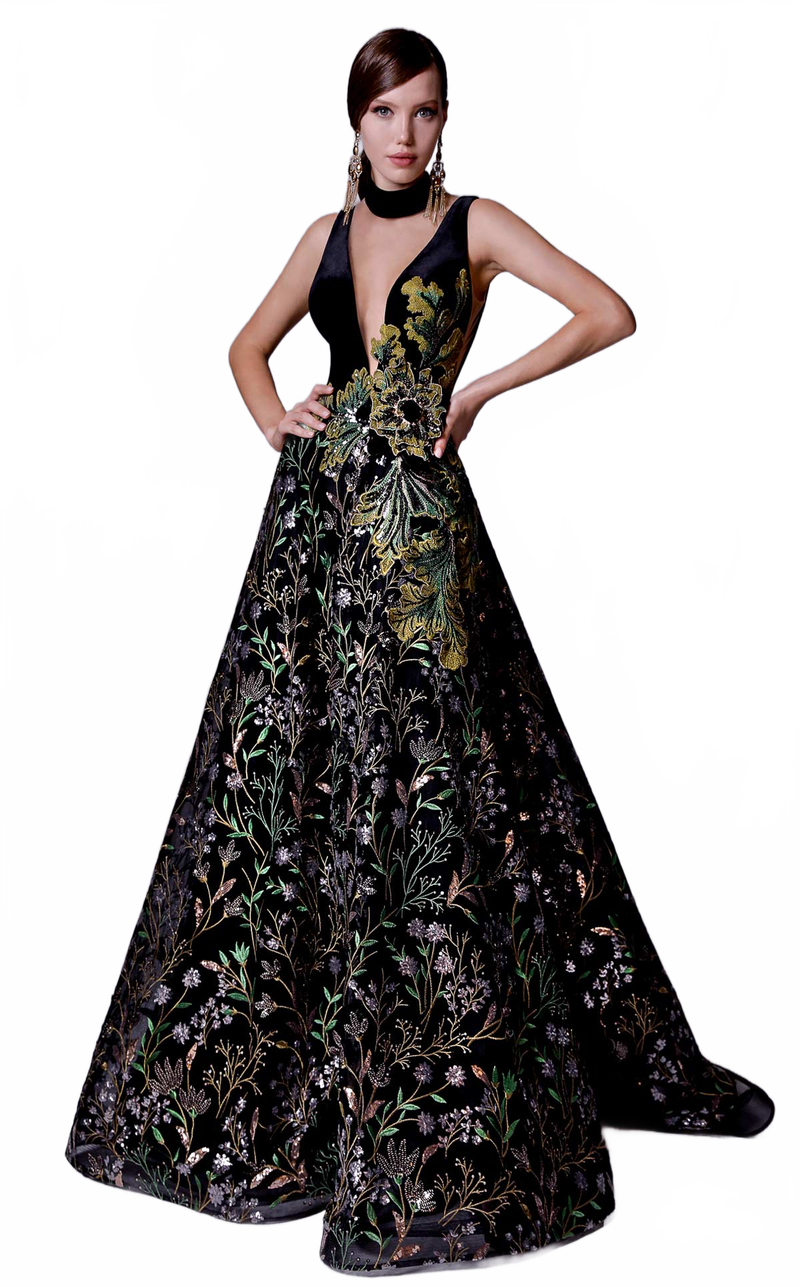 Fouad Sarkis 2707 Plunging Embroidered Ball Gown in Black