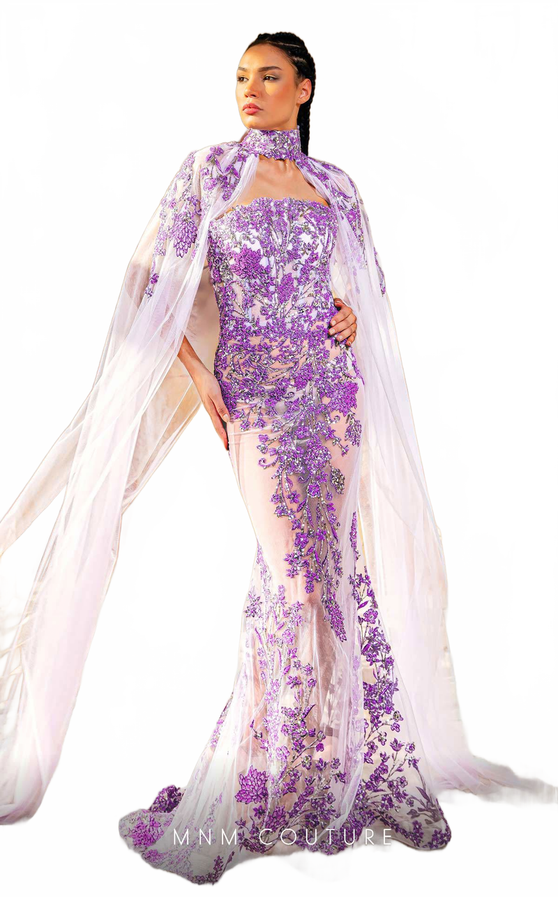 MNM Couture K4179 Lavender Embroidered Gown with Sheer Cape