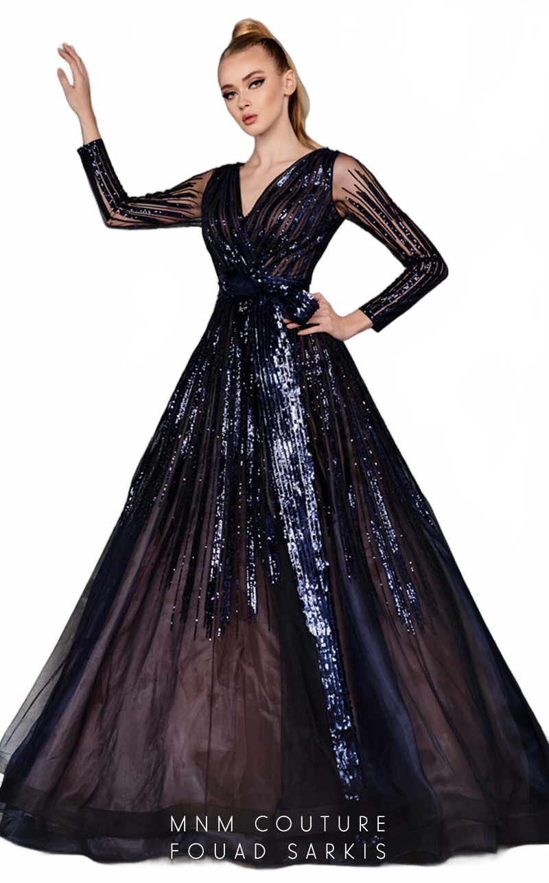 Fouad Sarkis 2621 Blue Sequined Illusion Ball Gown by MNM Couture