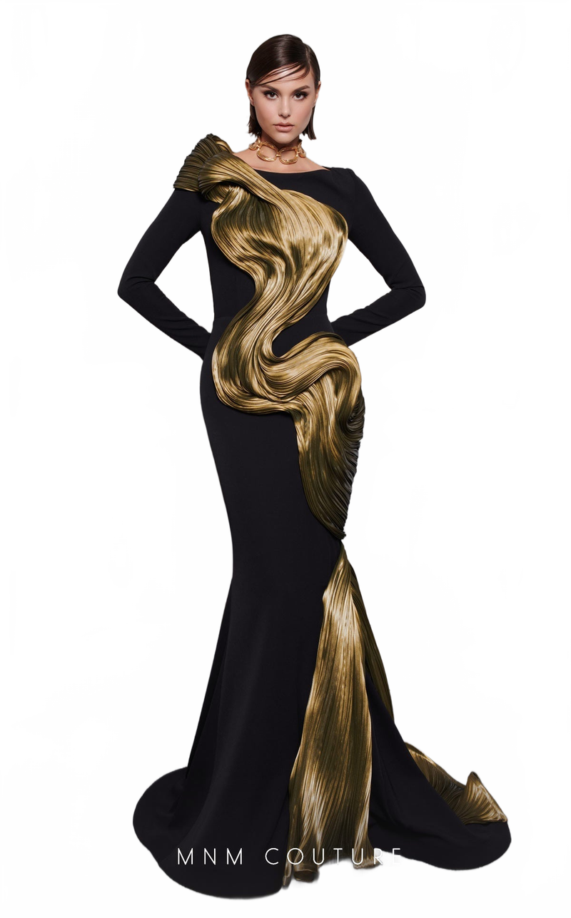 MNM Couture 2730A Jewel Neck Draped Mermaid Gown in Black/Olive