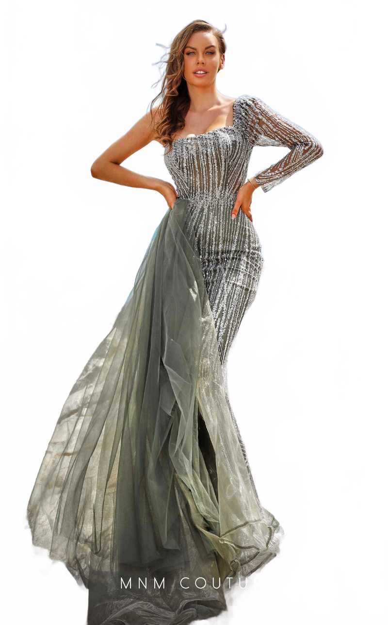 MNM Couture M1053 Asymmetric Purple Embroidered Mesh Gown