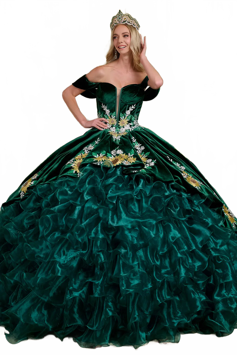 Emerald Green Charro Quinceanera Dress Sweetheart Ruffled Ball Gown by Elizabeth K GL3637