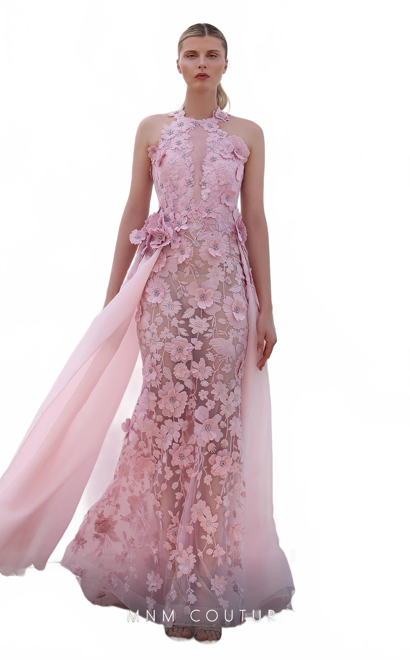 MNM Couture K4128 Pink 3D Floral Illusion Gown