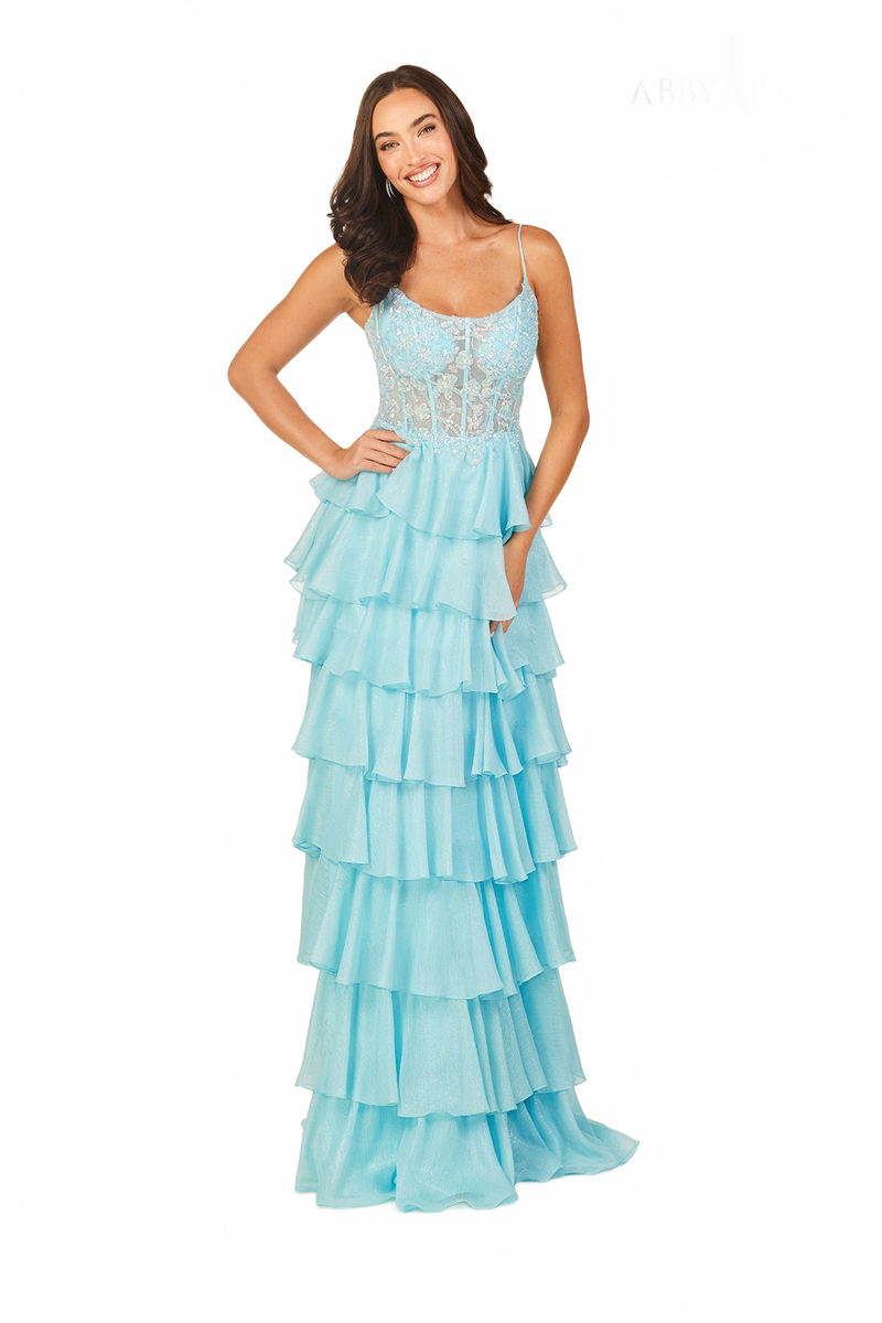 Abby Paris 90326 Applique Corset Tiered Evening Gown by Lucci Lu