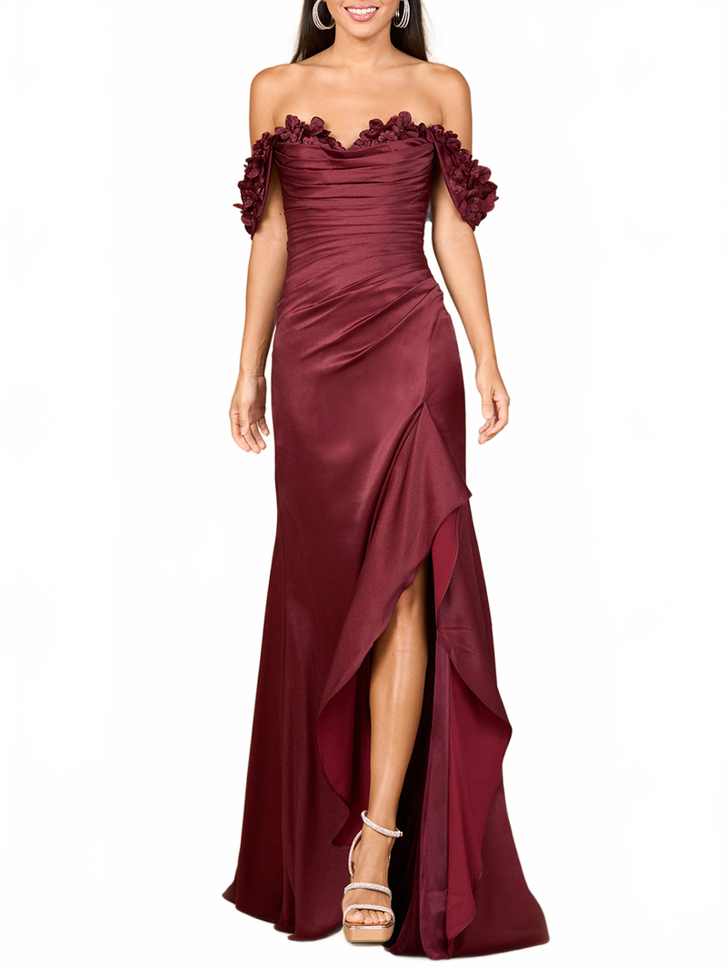 Lara 28916 Off Shoulder Wedding Guest Dress Crepe Simple Evening Gown with Slit