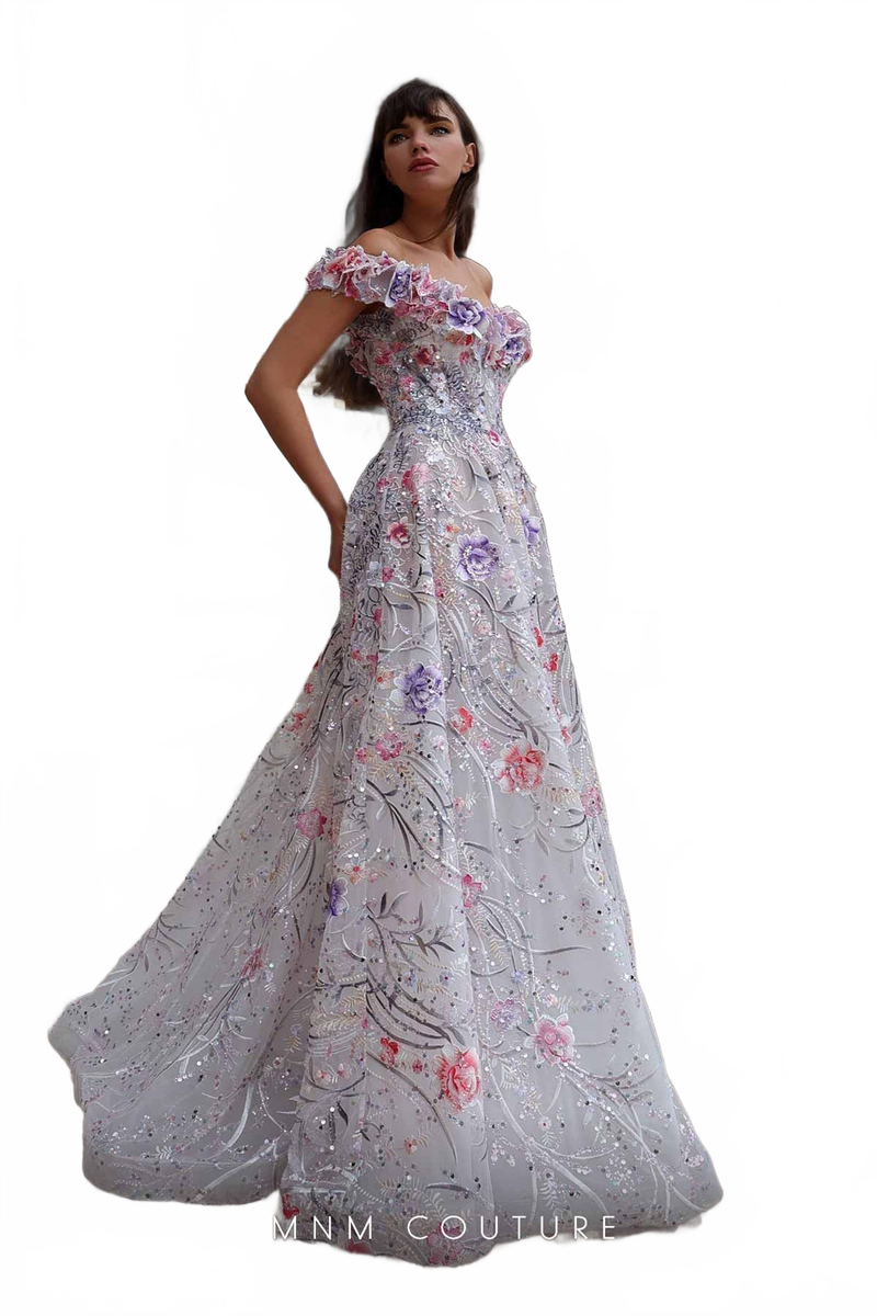 MNM Couture K4013 Off-Shoulder Floral Embellished White Gown