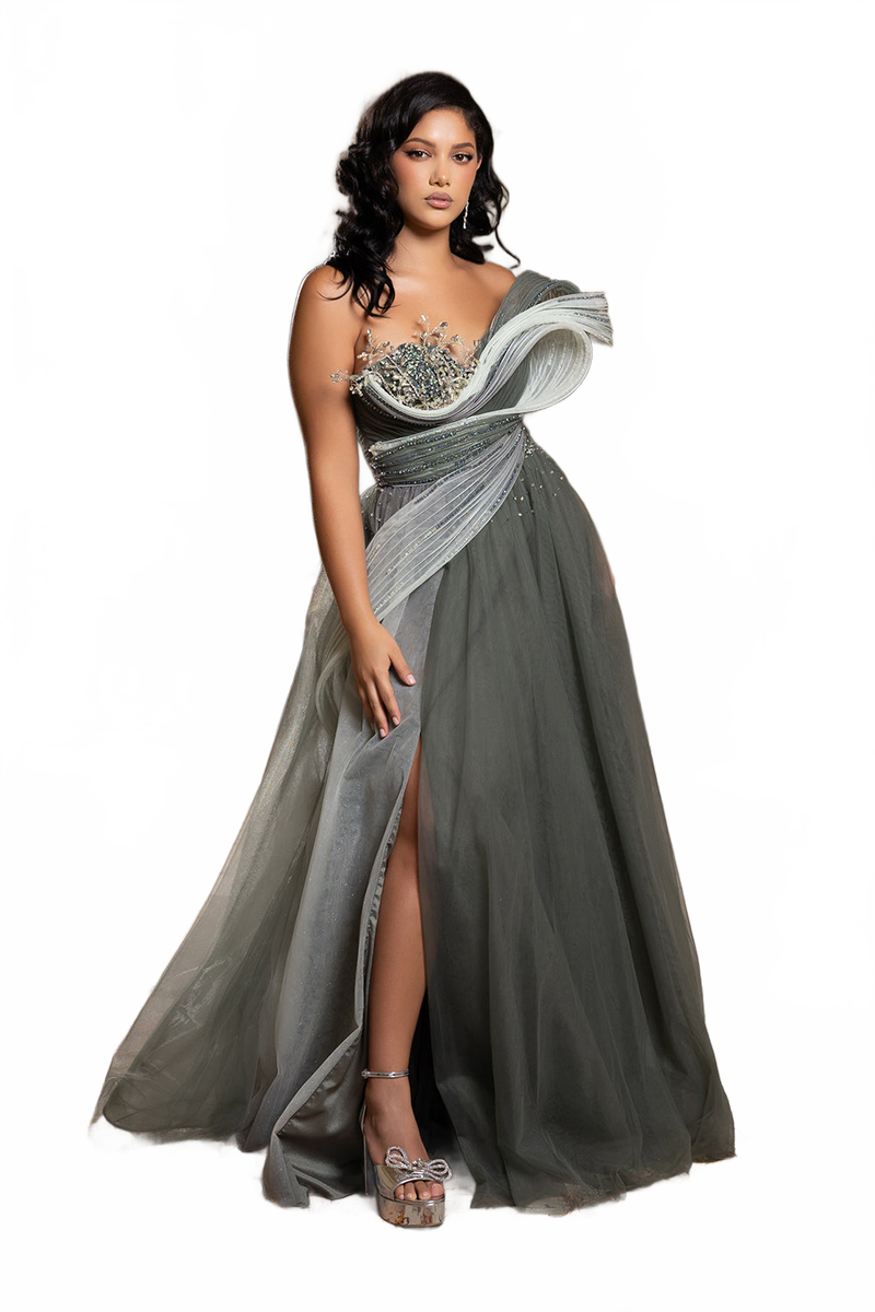 Evening Gown with Beaded Floral Bodice & Sculpted Pleated Detail Formal Prom Dress by Royal Queen RQ8203