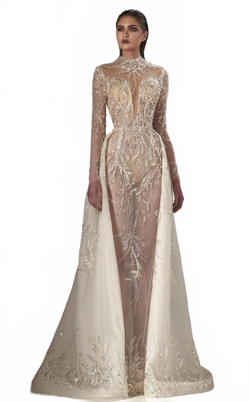 MNM Couture K3895 Off-White Beaded Lace Gown with Overlay Skirt