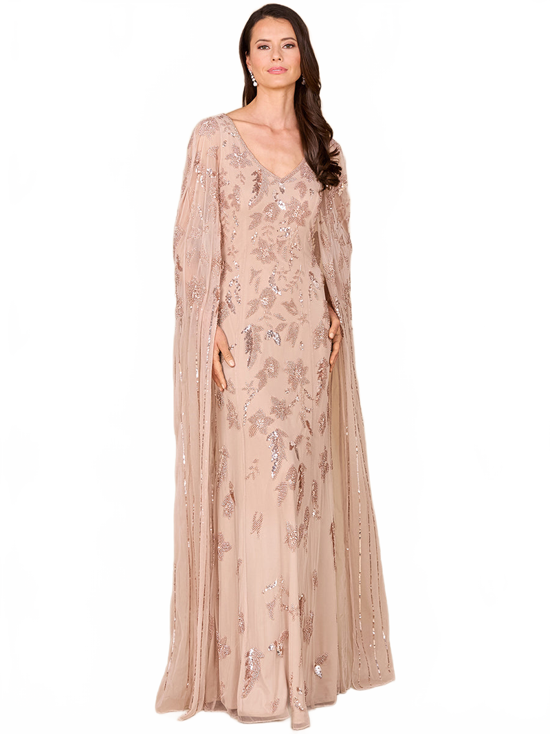 Beaded Sheath Dress with Long Cape