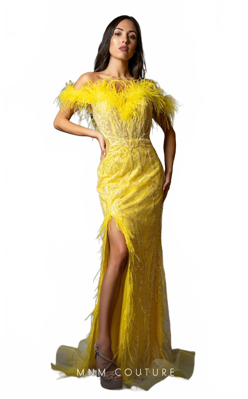 MNM Couture M1048 Yellow Embroidered Mesh Gown with Feather Accents