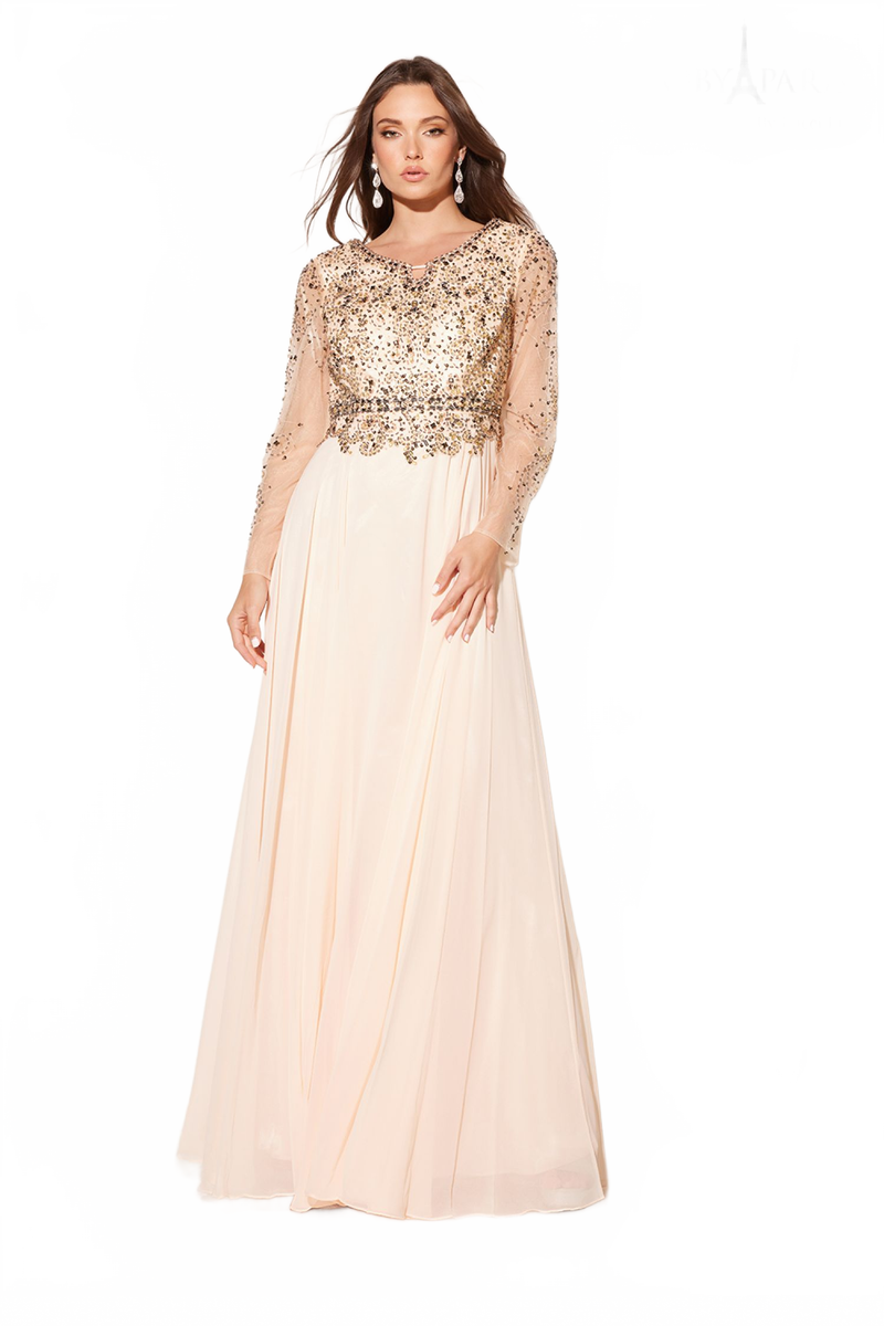 Abby Paris 96040W Beaded Illusion Sleeve Chiffon Gown