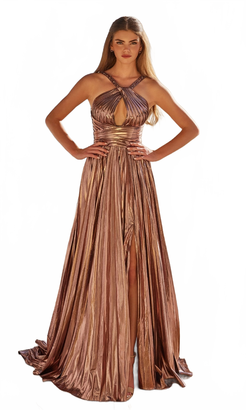 Nox Anabel Y1548 Long Pleated Metallic Prom Gown