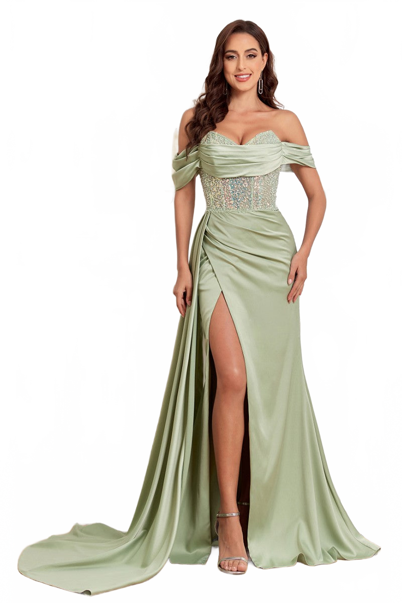 High Couture MJ1005 Fitted Prom Long Formal Beaded Slit Evening Gown