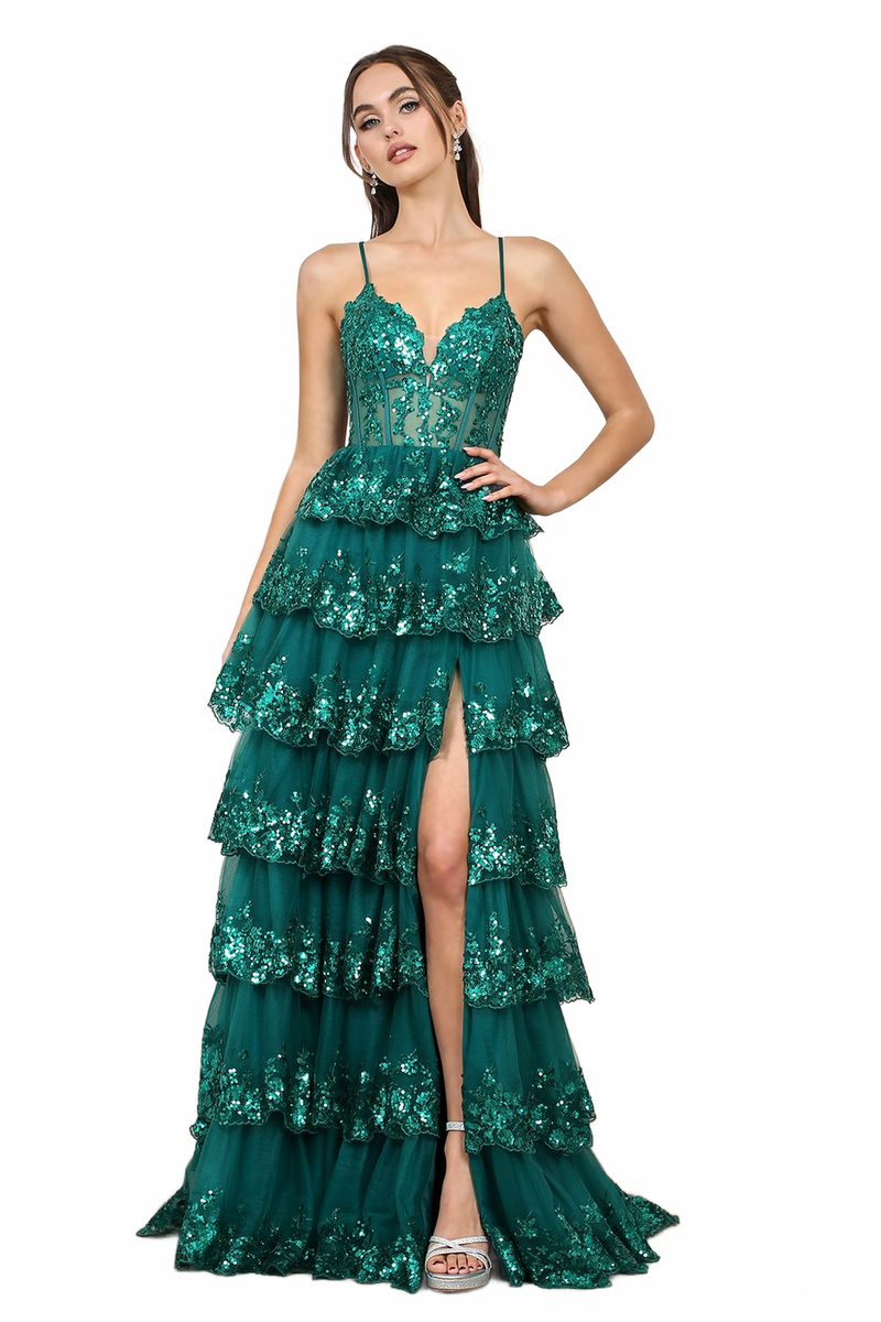 Adora Design 3218 Sequin Ruffle A-Line Slit Formal Prom Gown