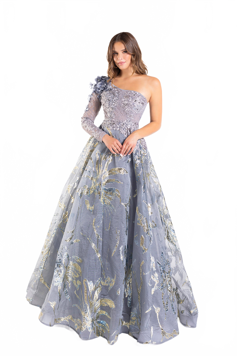 Brocade One Shoulder A-line Gown by Lucci Lu C8054