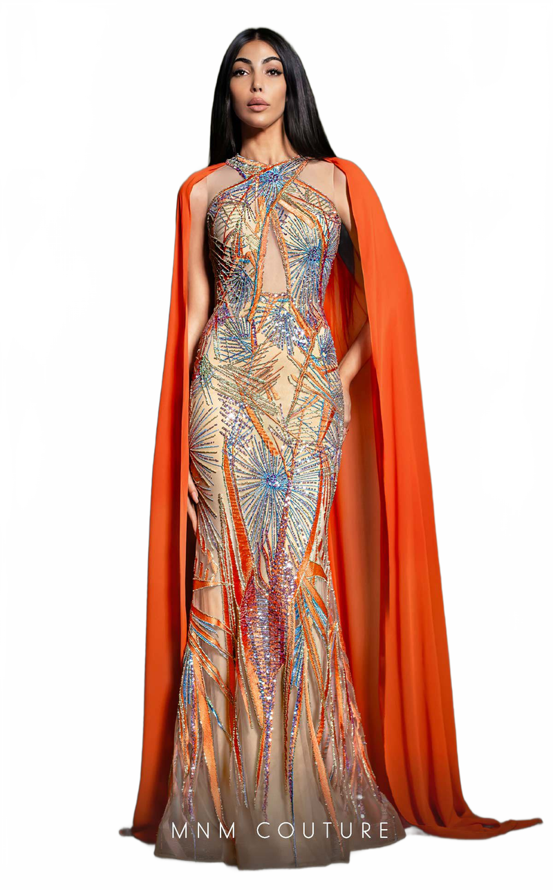 MNM Couture K4186 Embellished Illusion Orange Gown with Cape
