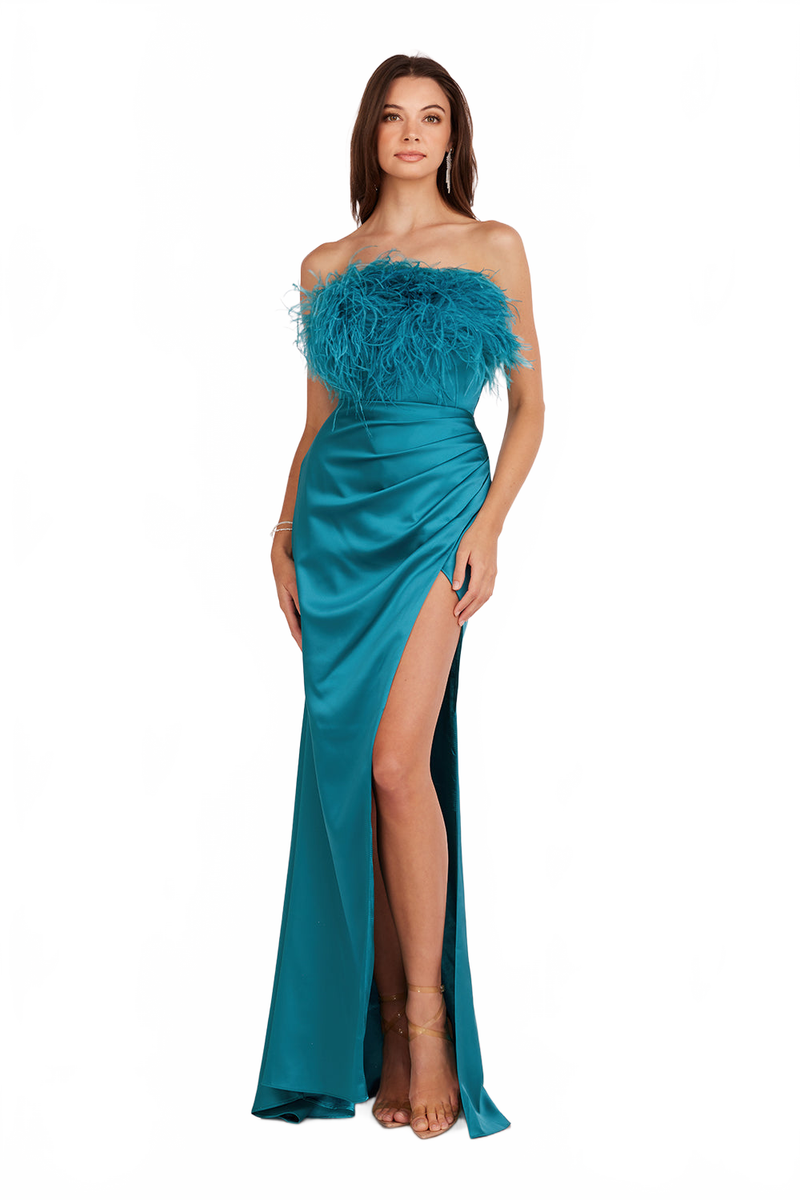 Abby Paris 90200 Feather Strapless Satin Evening Gown