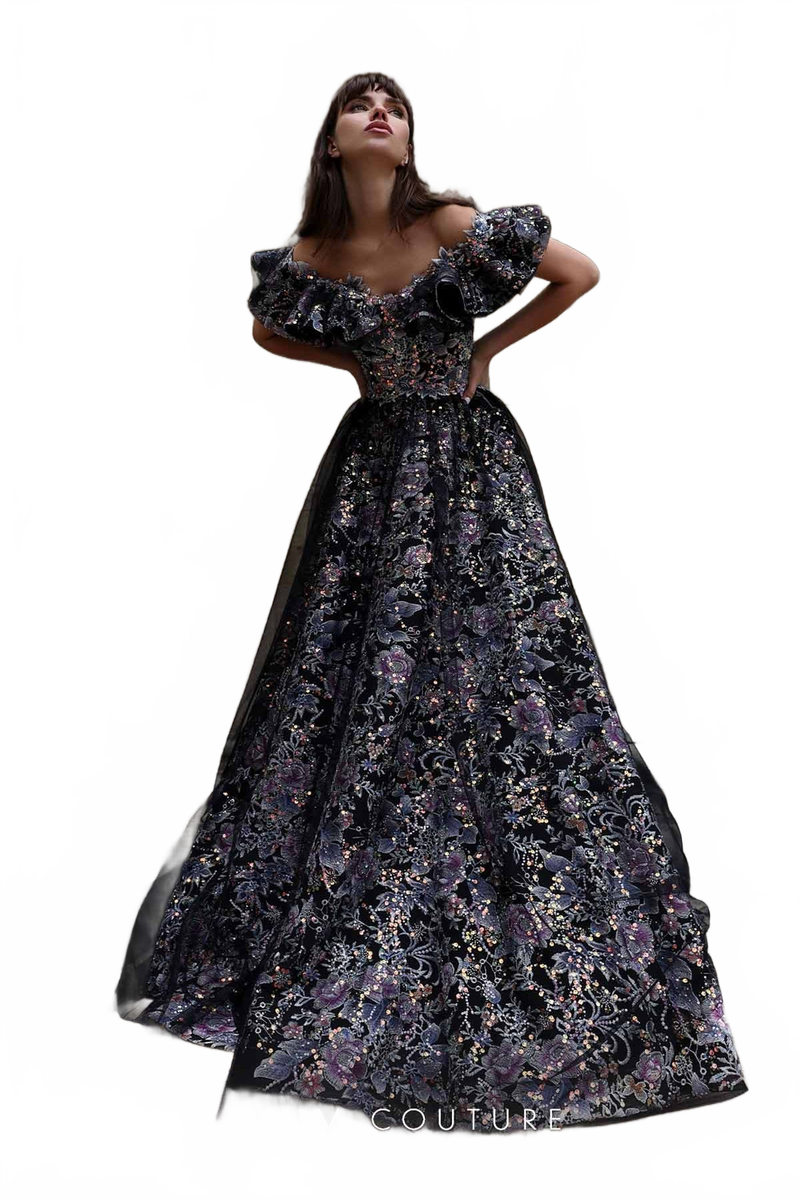 MNM Couture K4018 Black Off-Shoulder Sequin Ball Gown