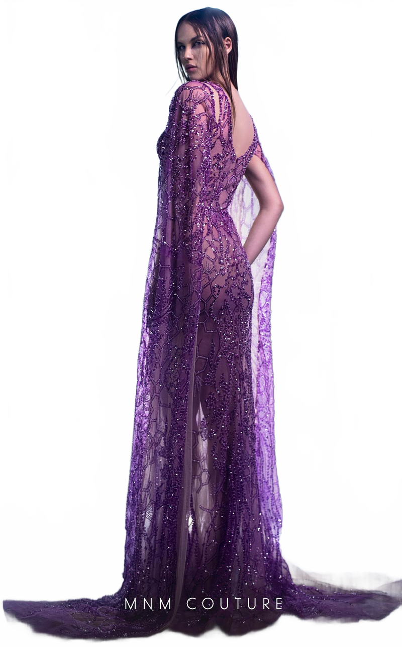 MNM Couture K3965 Sheer Beaded Cape Evening Gown in Purple