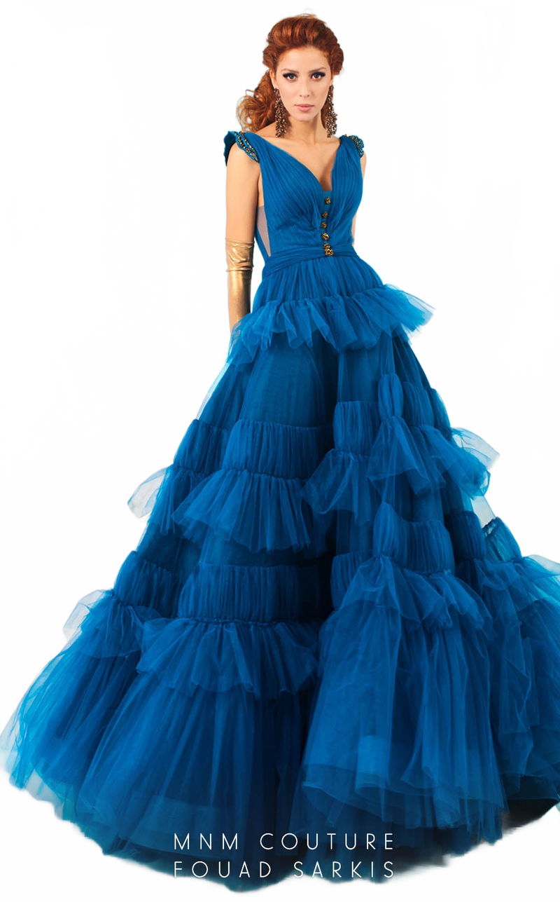 Fouad Sarkis 2641 Teal Layered Tulle Ball Gown by MNM Couture