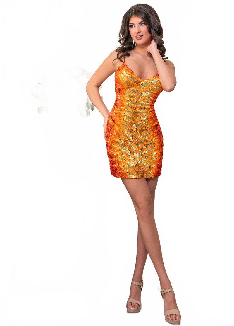 Rachel Allan 40452 Sequin Print Short V-Neck Dress