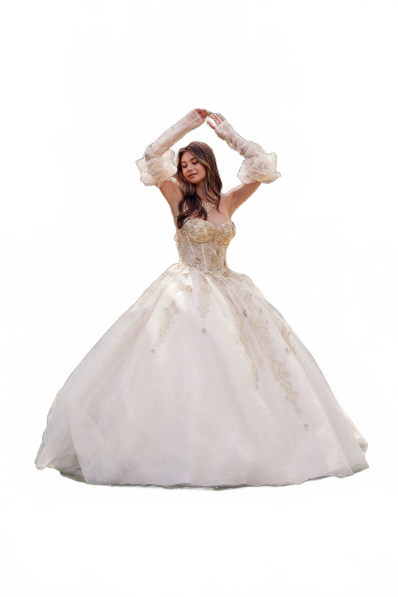 3D Floral Puff Sleeve Ball Gown by Juliet JT1465H