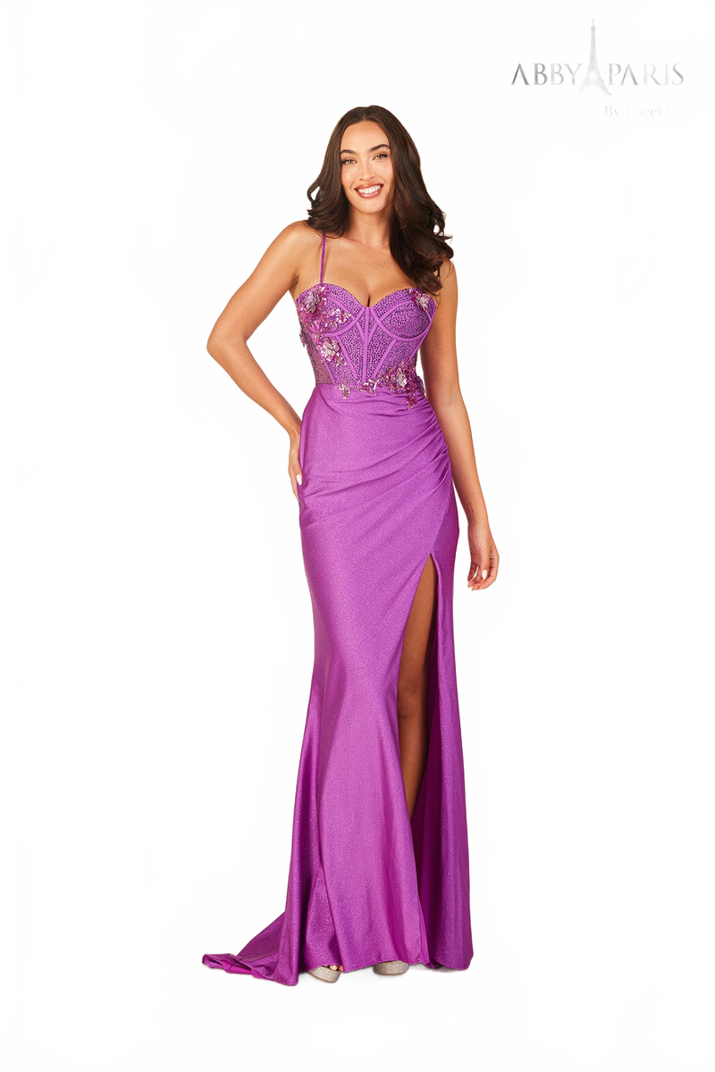 Sweetheart Glitter Applique Gown with Slit - Abby Paris 90295