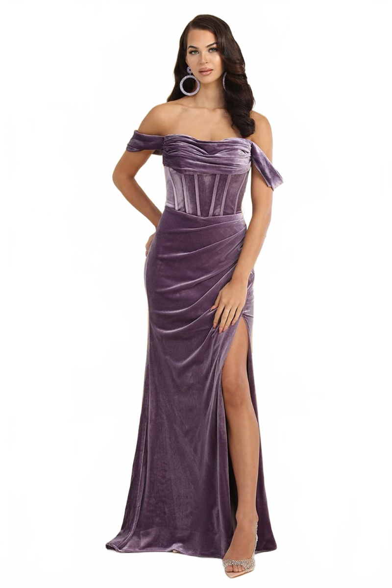 Off-Shoulder Velvet Corset Gown with High Slit Elegant Formal Prom by Royal Queen RQ8069
