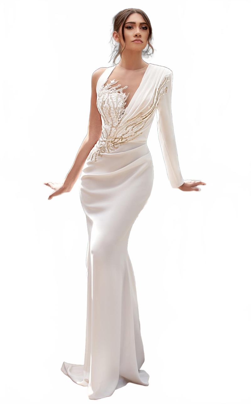 MNM Couture K3940 Blue Beaded Long Sleeve Mermaid Gown