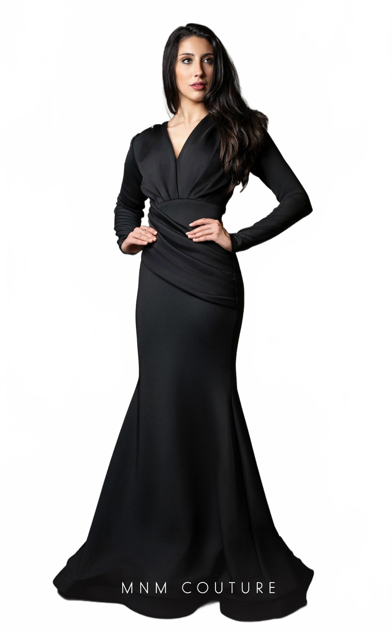 MNM Couture L0002G Black Floor-Length V-Neck Gown