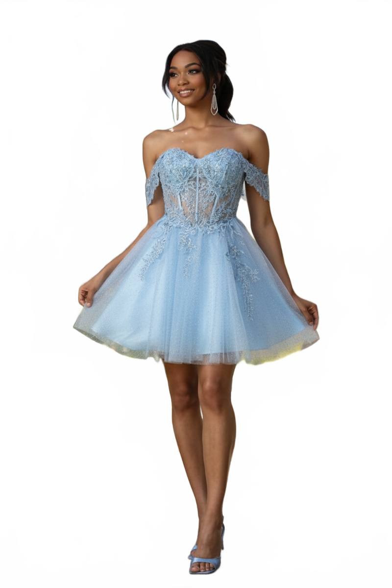 Dama Dresses for Quinceanera in Baby Blue Off the Shoulder Quince Outfit