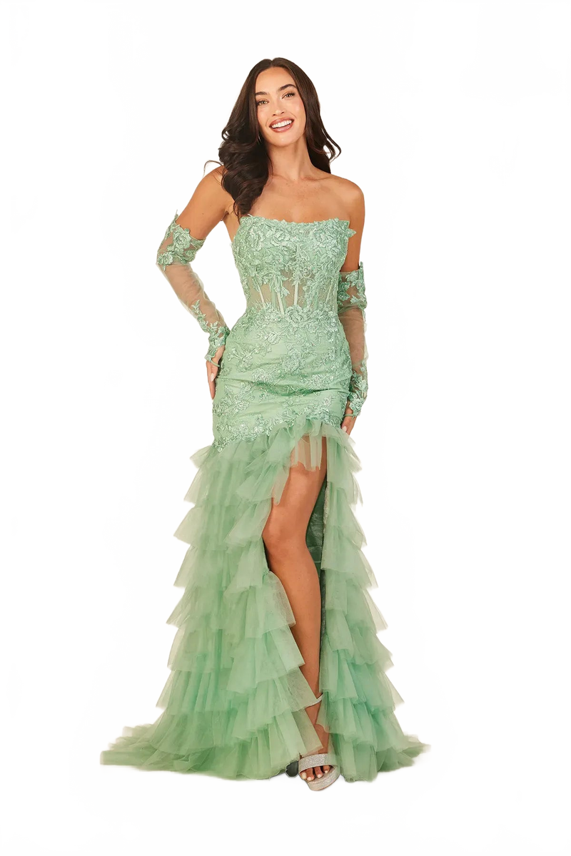 Fitted Long Sleeve Ruffled Slit Gown by Lucci Lu 1425