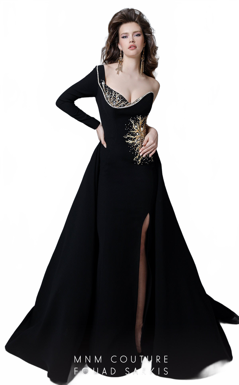 Fouad Sarkis 2719/Green: One-Sleeve Embellished Ball Gown