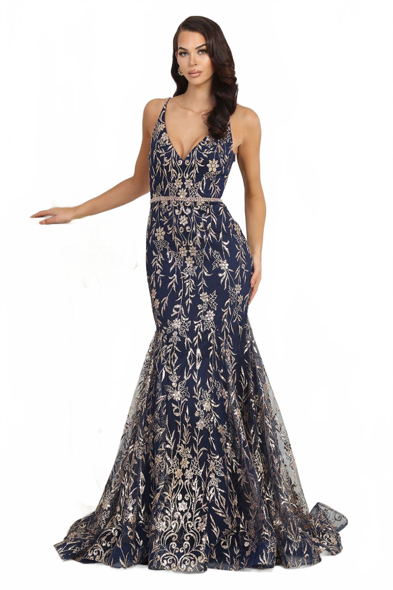Royal Queen RQ8017 V-upper Back Sheer Sides Glitter Prom Gown