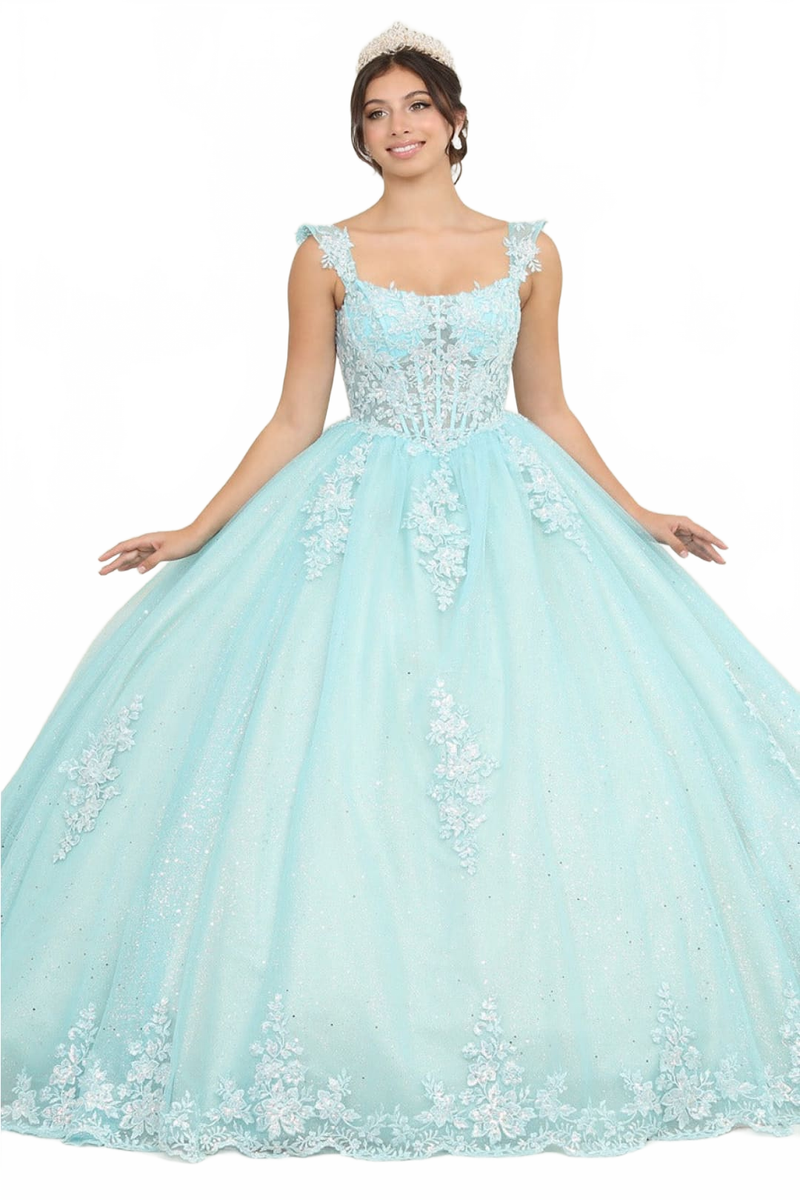 Layla K LK253 Floral Sheer Corset Glitter Tiffany/BlueNude Ball Gown