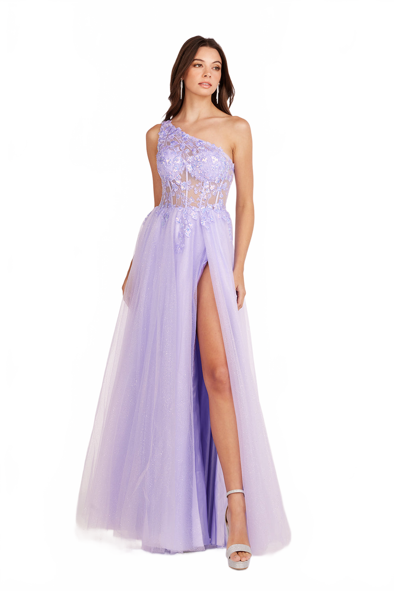 Abby Paris 90234 One Shoulder Glitter Tulle A-Line Gown