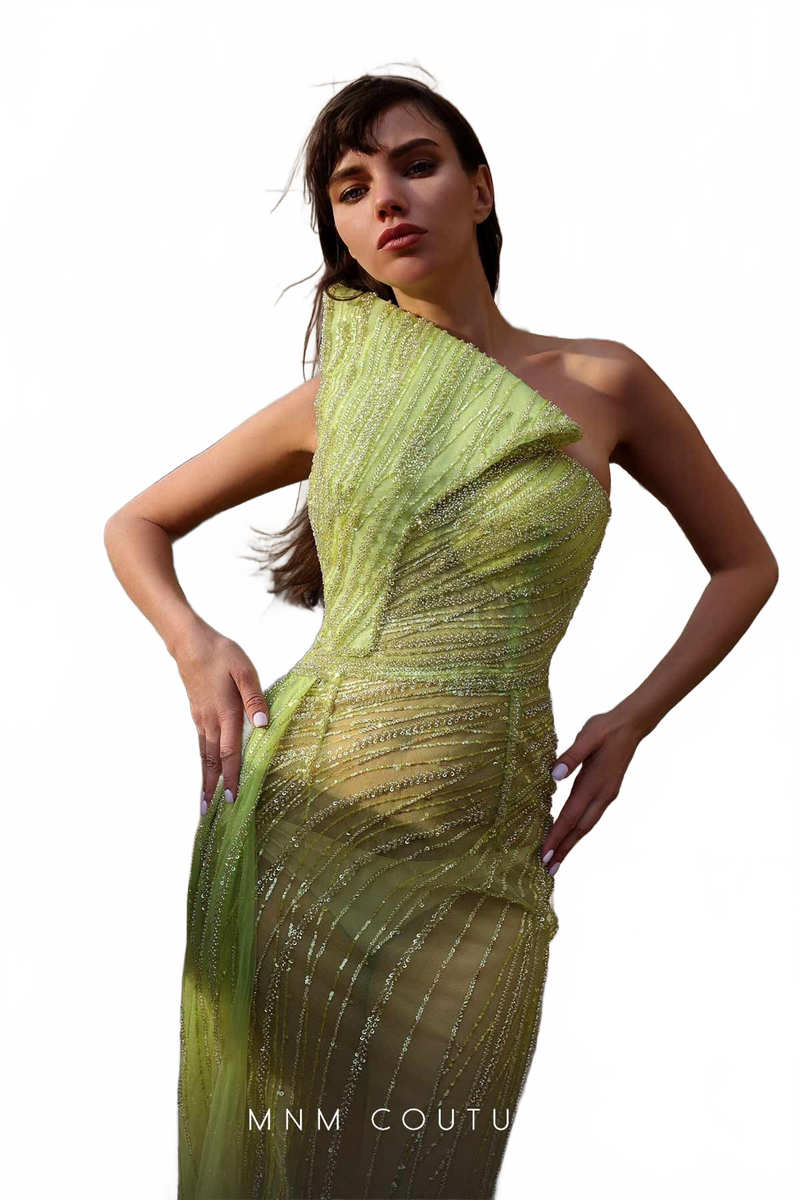 MNM Couture K4014 Sequin One-Shoulder Sheer Gown in Light Blue