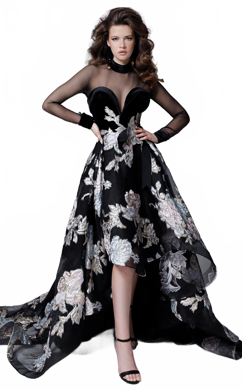 MNM Couture 2715 Sheer Bodice Floral High-Low Gown in Black