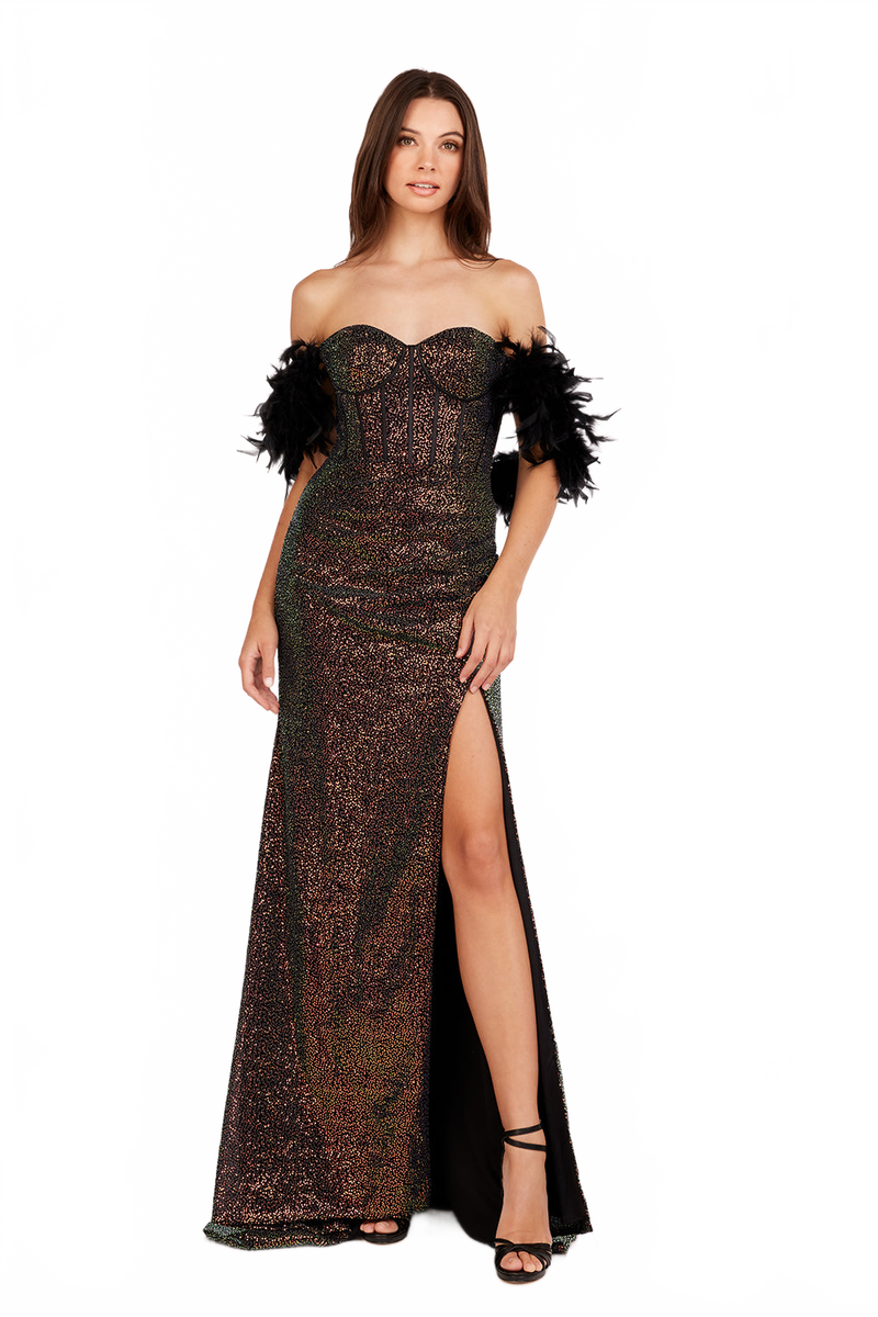 Abby Paris 90254 Feather Off Shoulder Sequin Slit Gown